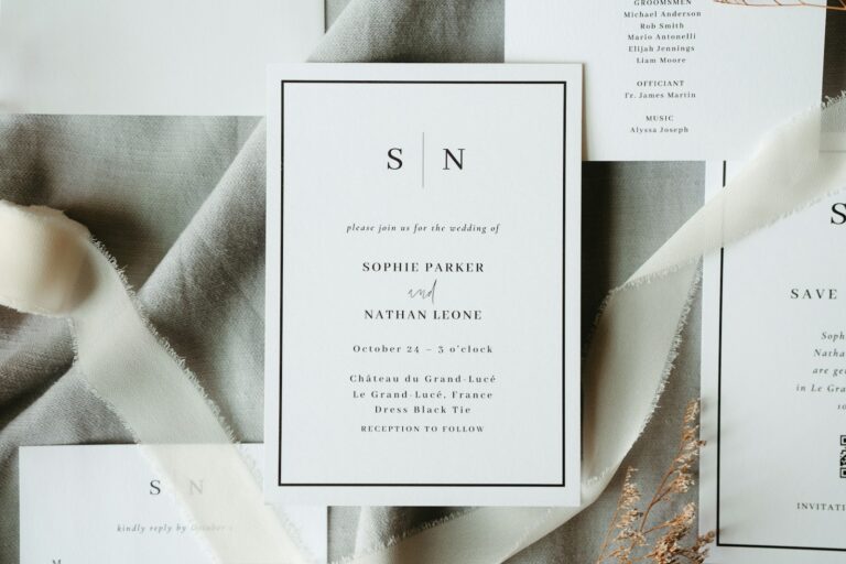 A close up of a wedding stationery on a table